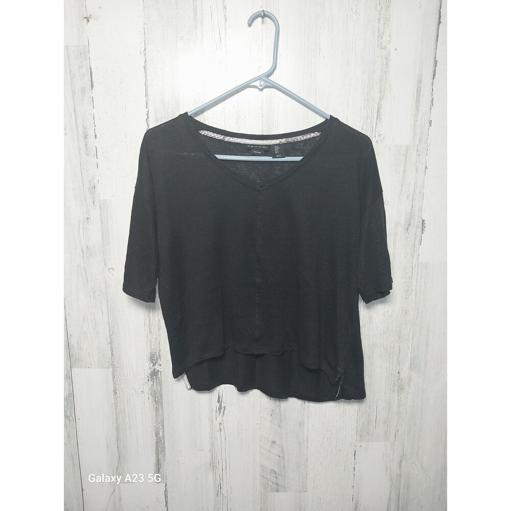Tahari Women's Small Black Linen Vee Neck Tee Shirt